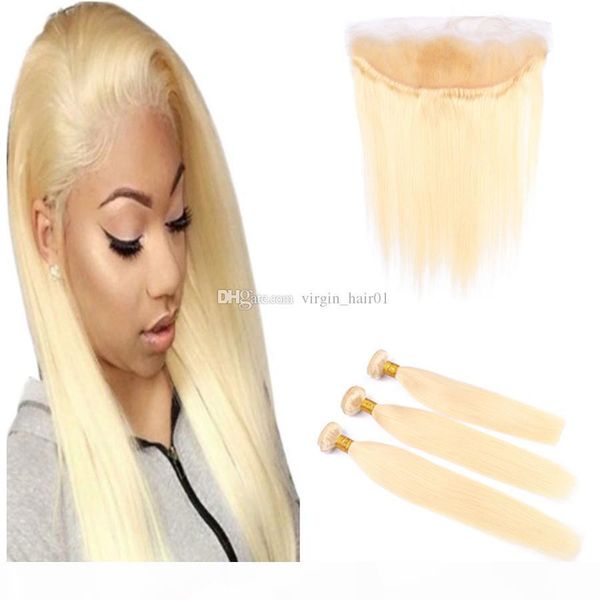 

613# blonde indian straight human hair weave bundles with 13*4 frontal closure with baby hair blonde extension deals 3 bundles with frontal, Black;brown