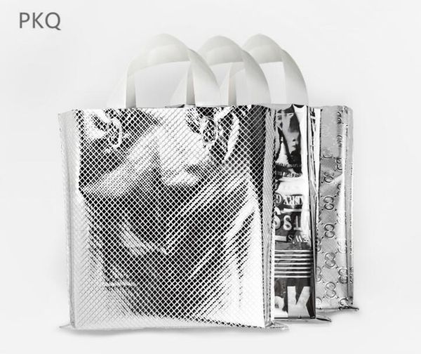 

gift wrap 50pcs/lot bag with handles silver plastic packaging party present package pouch clothes/shoes shopping1