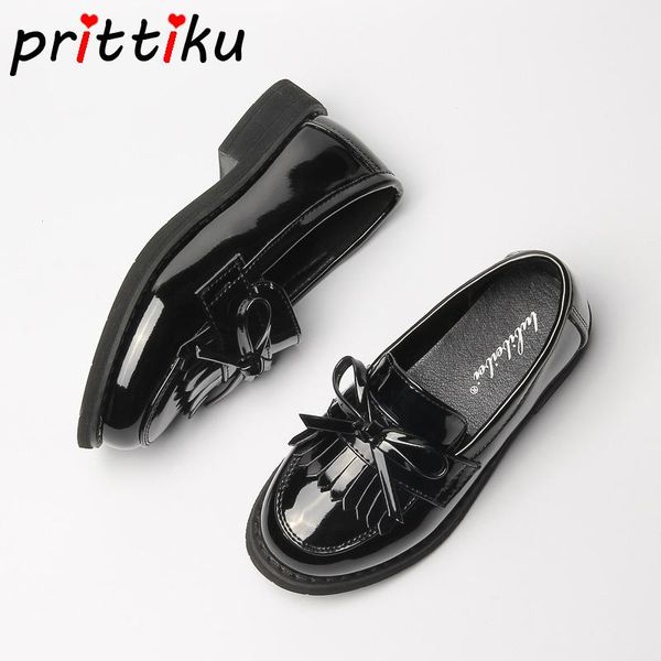 

girls tassel genuine leather formal dress flats toddler/little/big kid bowknot loafers children princess school slip-on shoes, Black;grey