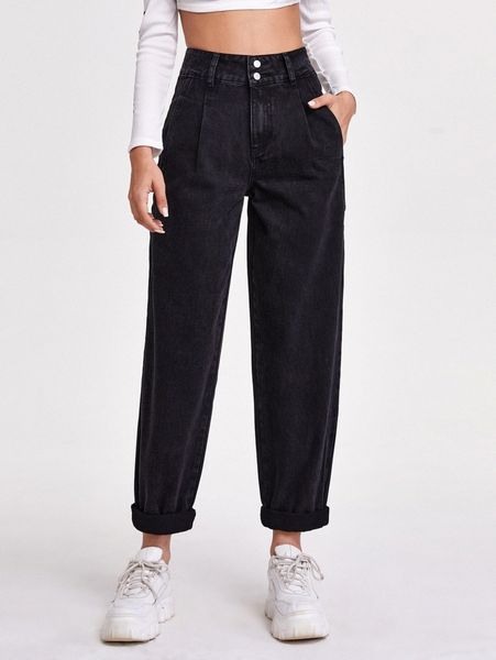

black wash fold pleat carrot jeans v58c#, Blue