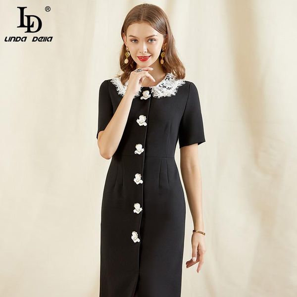 

ld linda della fashion runway summer dress women short sleeve flower button beading white lace patchwork slim ladies black dress, White;black