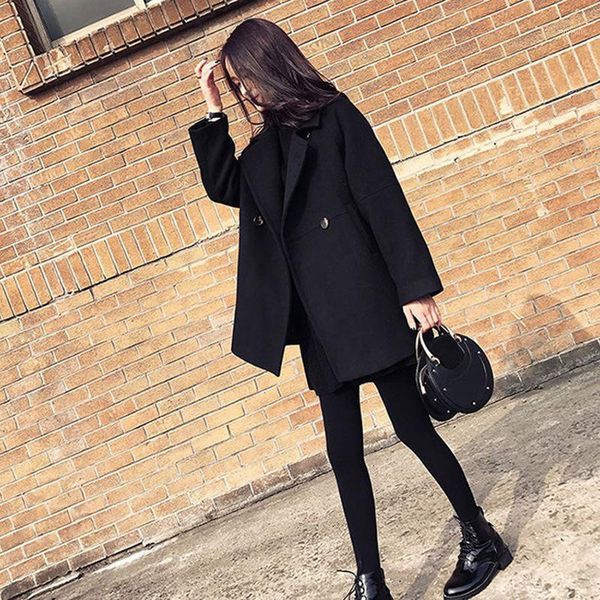 

fashion office lady long wool coat solid loose wool blend coat and jacket single breasted women coats autumn winter1, Black