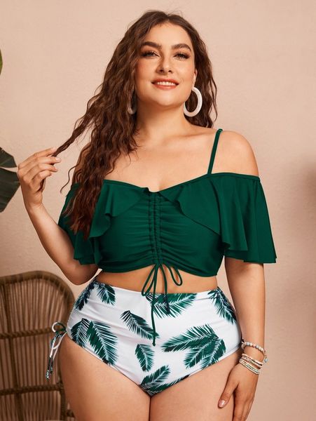 

plus leaf pint ruffle bikini swimsuit p15w#, Black