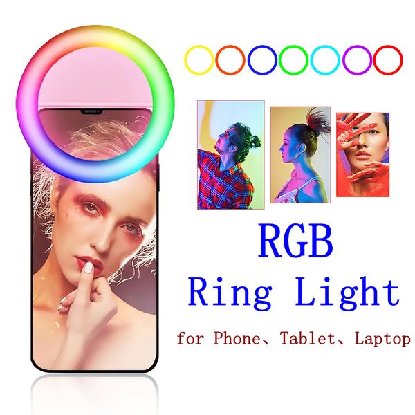 

clip-on rgb selfie light ring light for mobile phone led pgraphy ring lamp makeup studio 15 colors ringlight for youtube video tik tok