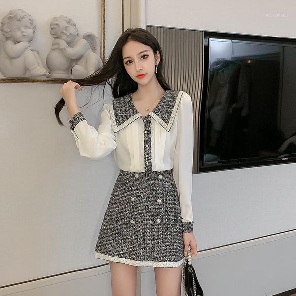 

women's tracksuits 2021 autumn elegant women 2 piece set tweed patchwork chiffon see through shirt + double-breasted woolen mini skirt, Gray
