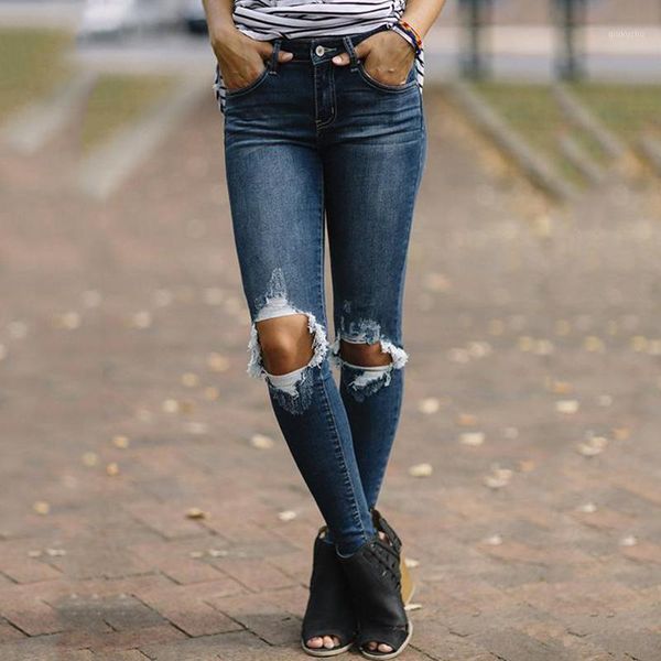 

casual hole summer tight high waist female jeans button zipper elastic jeans trousers plus size1, Blue