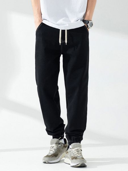 

men heart & figure embroidered drawstring waist jogger jeans o2di#, Blue