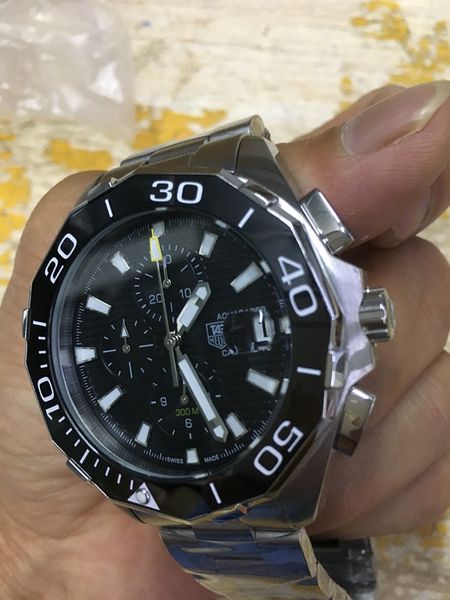 

men's quartz chronograph watch mens black dial ceramic bezel men swiss ronda full steel cosmograph watches antique 43mm sport wristwatc, Slivery;brown