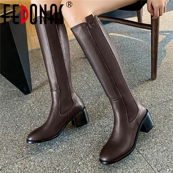 

fedonas women's boots with heels genuine leather back zipper high heels boots for women winter office knee high, Black