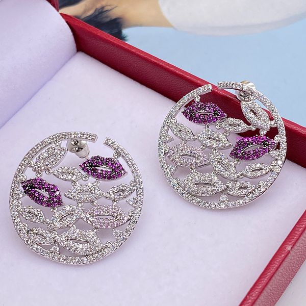 

color rose red lip earrings round mouth yao chen with full diamond multi-layer lip earrings contrast color mix and match, Silver