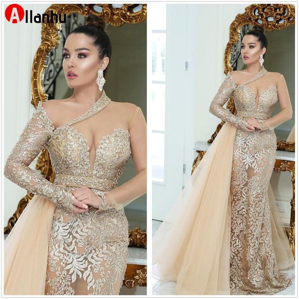 2022 Sparkly Luxuriöse Spitze Meerjungfrau Abendkleider Arabisch Sheer Long Sleeves Perlen Prom Kleider Vintage Formale Party Kleider DWJ0126