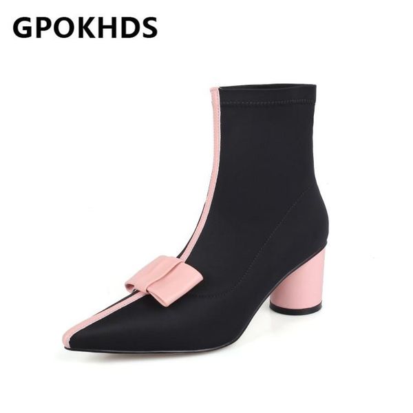 

gpokhds 2021 женщин лодыжки сапоги кожа коровы зима короткая плюшевая остроконечные toe бабочка-узловые высокие каблуки женщина сапоги разме, Black