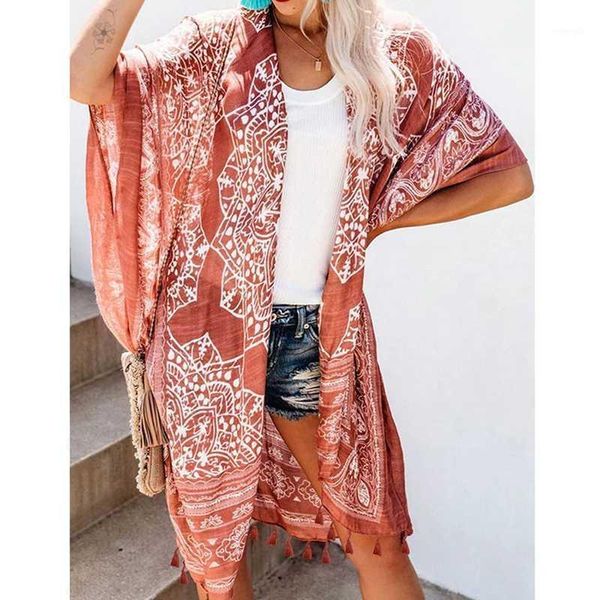 

2020 bohemian printed fringed plus size long kimono carfigan tunic beach wear women and blouses boho shirts a1961, White