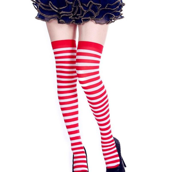 

red white striped long stocking holloween christmas women polyester over the knee socks thigh high stockings autumn winter, Black;white