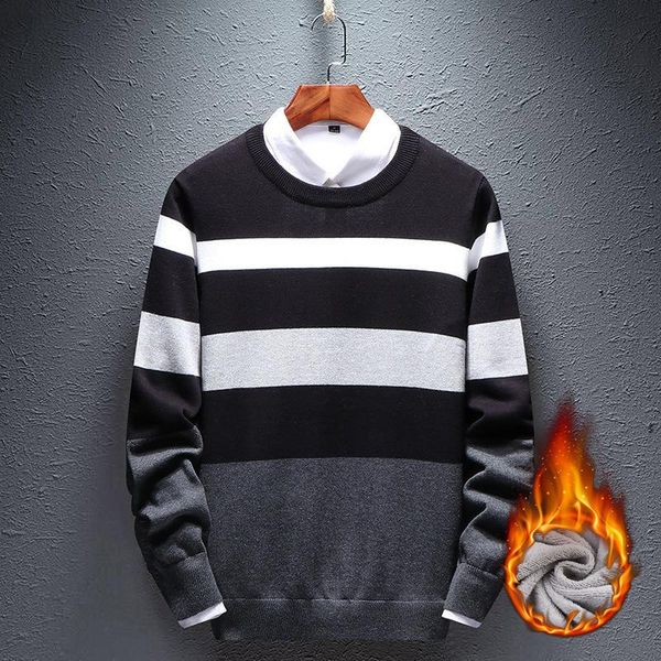 

winter men's round neck knit sweaters fleece thick warm youth pullovers new pure bottoms slim clothing 2021, White;black