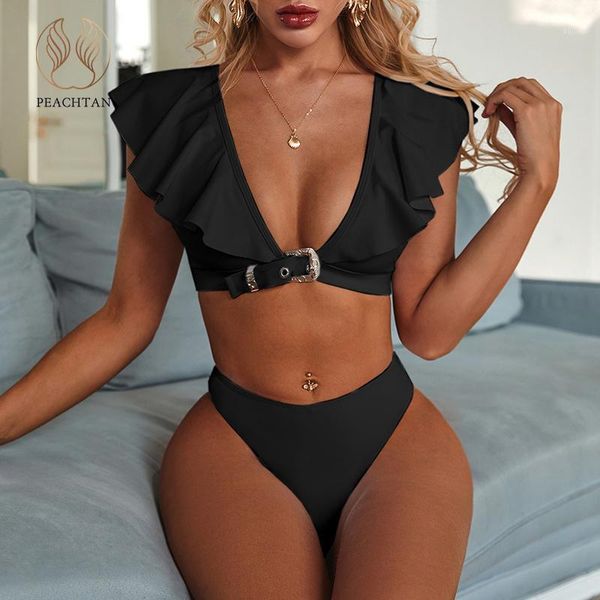 

peachtan vintage solid white bikini set 2020 ruffle swimsuit female belt swimwear women push up bikini bathers bathing suit new1