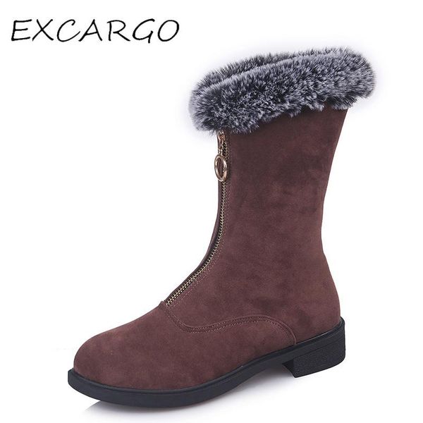 

excargo women casual pu mid calf snow boots zipper flat with shoes for women 2020 winter fur boots solid comfortable shoes, Black