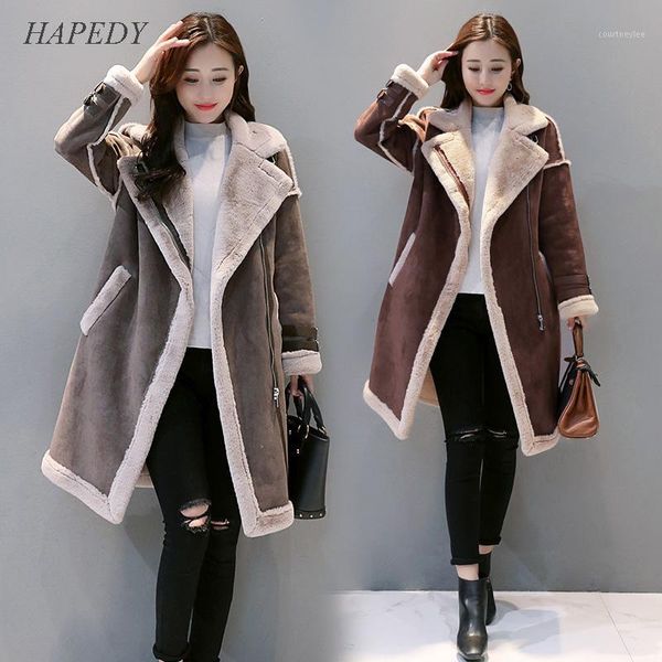 

hapedy 2020 winter female suede leather jacket women long deerskin motorcycle jacket thick lambs wool warm zip parka coat1, Black