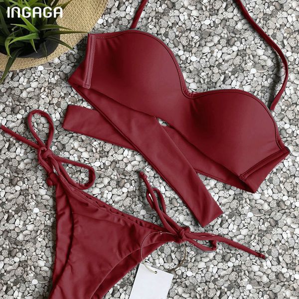 

ingaga halter bikini push up swimsuit solid swimwear women biquini tie-waist bathing suit women maillot de bain femme y200319, White;black