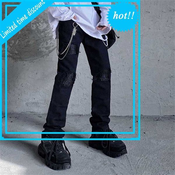 

knee hole black washed jeans for men high street pockets straight loose casual pencil pants hip hop denim trousers, Blue