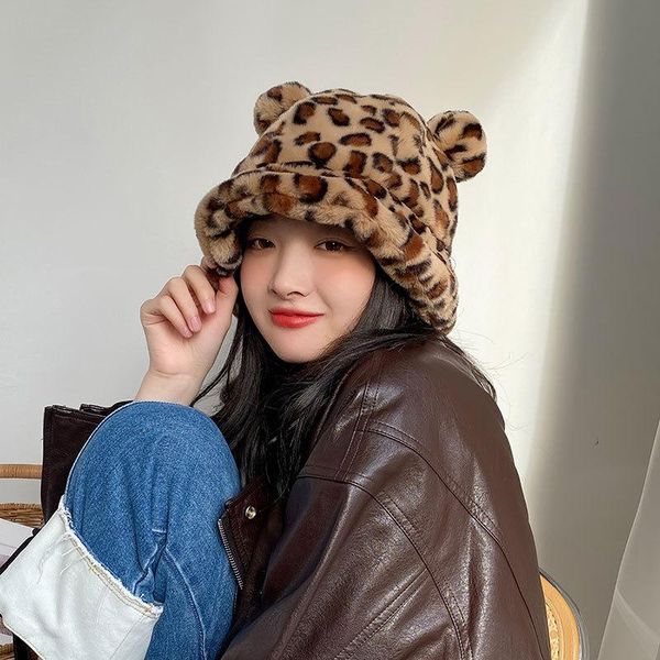 

hat women winter cute bear ears fur ball leopard zebra pattern plush fisherman hat warm pot girl, Blue;gray