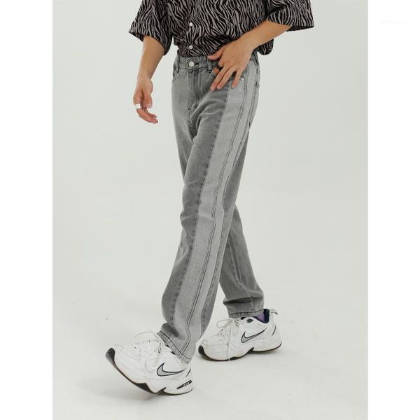 

male streetwear hip hop vintage fashion jeans trousers men new wash side stripe splice casual denim pant1, Blue
