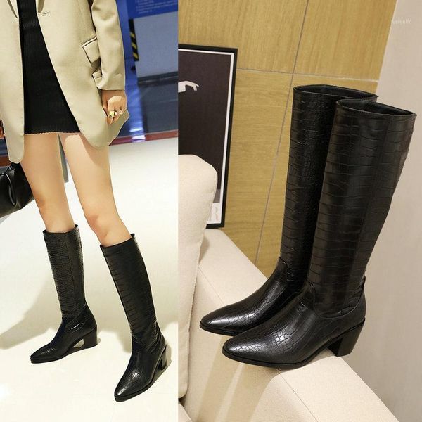 

boots 2021 women thick high heels winter knee female fashion casaul dreess party shoes woman plus size 34-431, Black