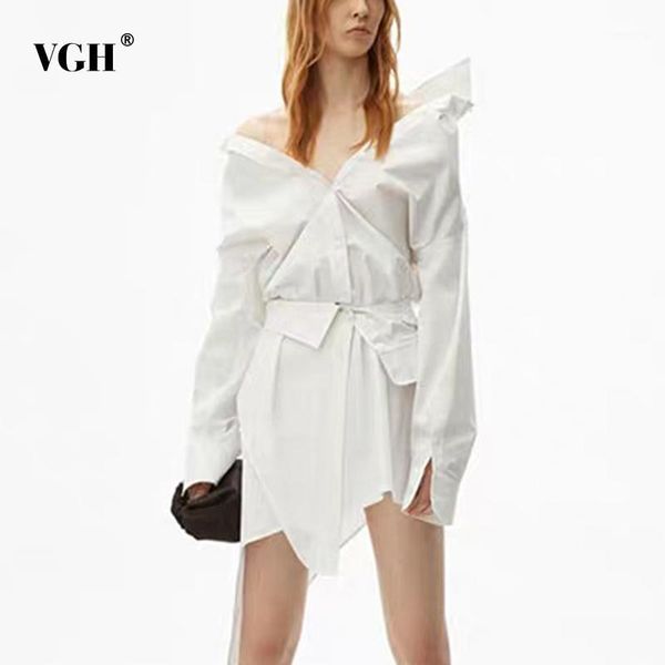 

vgh asymmetric hem dress for women v neck long sleeve patchwork korean casual shirt dresses female 2020 fashion new clothing1, Black;gray
