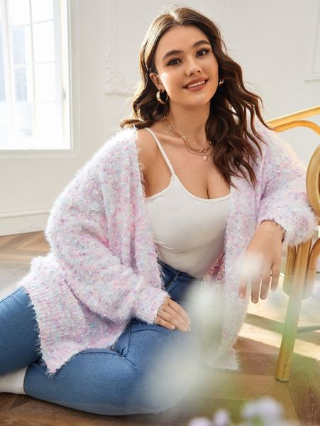 

plus drop shoulder popcorn knit fuzzy cardigan p00a#, Black