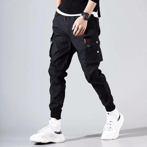 

cargo pants pocket man patchwork trousers fashion feet casual full length hip hop joggers streetwear harem sweatpants, Black