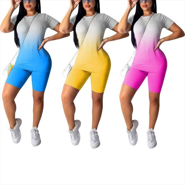 

2pcs set fashion women neon gradient print t shirts crop shorts workout clothes tracksuit summer ladies casual 2 piece sets, Gray