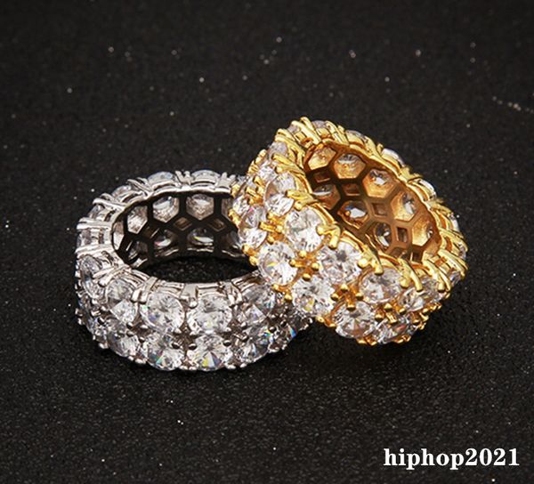 

mens 2 rows cubic zirconia rings hip hop ring iced out diamond gold silver ring
