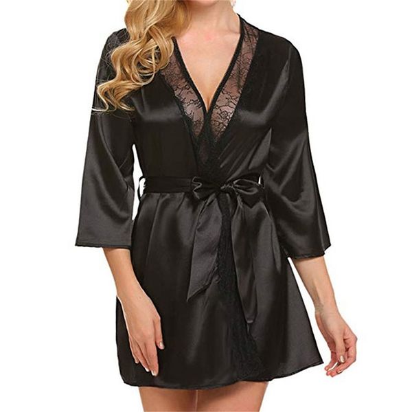 

women sleepwear lace bath robe quarter sleeve ladies fancy lingerie ice silk nightdress nighwear satin peignoir 2020