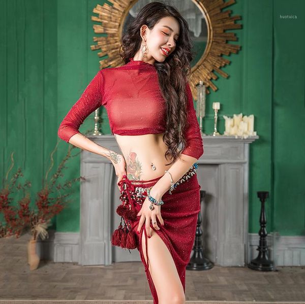 

2020 new belly dance practice clothes skirt set oriental dancing beginner dancer group performance stage wear1, Black;red