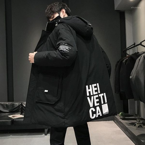 

winter 2020 new alphabet printed hoodie men's fashion brand thickened medium length down jacket men's fashion1, Black