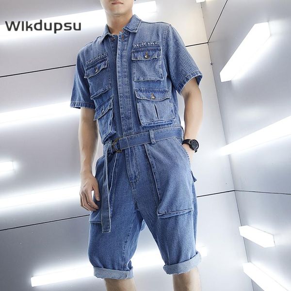 

men's jeans spring summer short sleeve overalls korean trendy denim shorts jumpsuits casual fashion one piece streetwear clothes, Blue