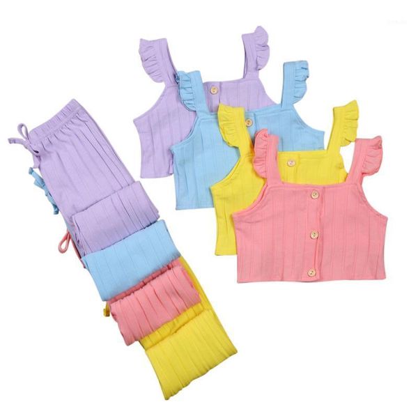 Set di abbigliamento Wallarenear Set di due pezzi da bambina per bambina Gilet in maglia a coste Tinta unita Top con maniche volanti Pantaloni con elastico in vita 4 stili