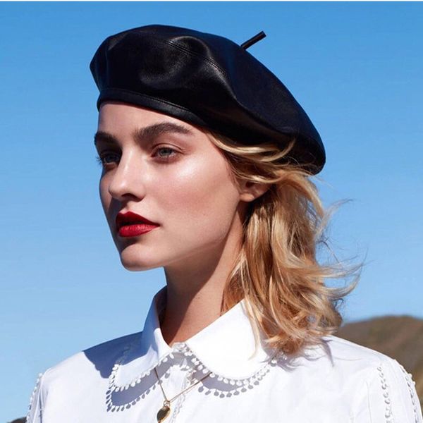 

genuine leather beret hats for women winter flat cap female boina feminina fashion autumn winter beret cap bone gorras painter 201009, Blue;gray