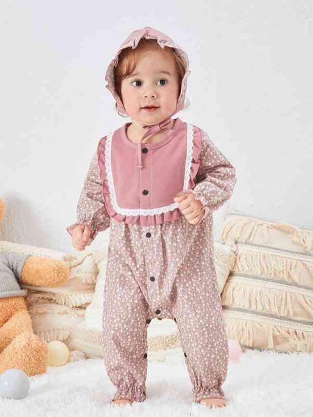 

baby ditsy floral flounce sleeve ruffle trim jumpsuit & hat she, Blue