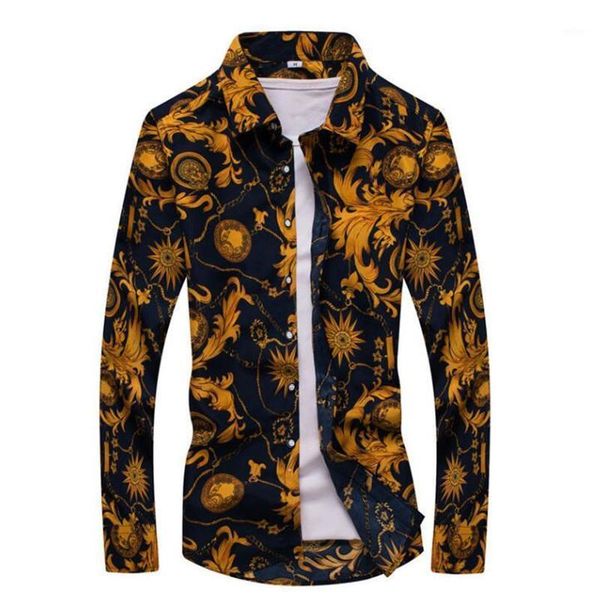 

2020 male floral print dress shirts mens shirt slim fit ethnic flowers long sleeve casual cotton fashion spring men shirts1, White;black