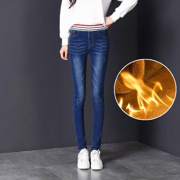 

2020 new jeans plus velvet thickened warmth womens stretch slim jeans drop shipping good quality, Blue