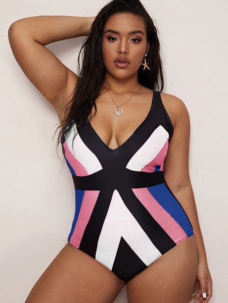 

plus colorful stripe one piece swimsuit a3pr#, Black