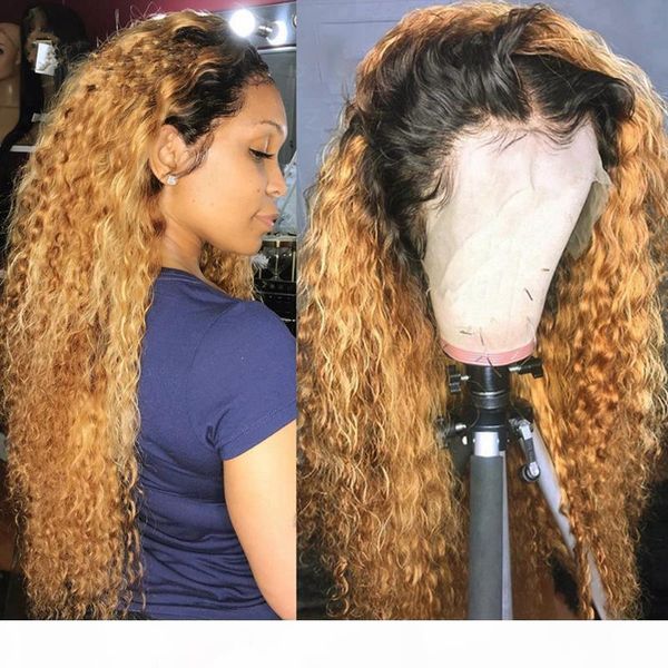 

honey blonde ombre colored 13x6 lace front wig human hair wigs for black women brazilian remy curly wig 150 density pre plucked, Black;brown