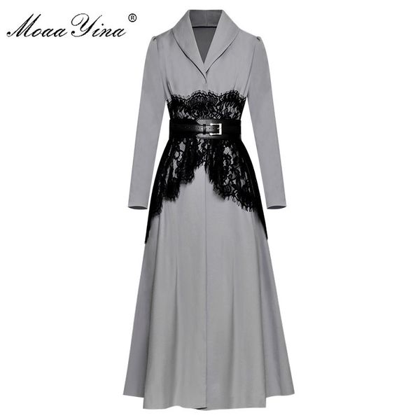

moaayina fashion designer runway long windbreaker long sleeve lace belt casual vintage windbreaker coat 201102, Tan;black