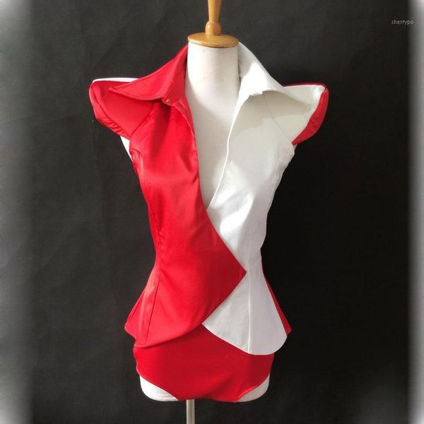 

red white stitching shoulder pads beyonce stage costume 2-piece bar and nightclub dj gogo dance wear singer performance outfit1, Black;red