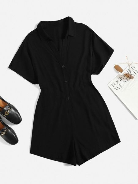 

plus button up shirt romper u1ds#, Black