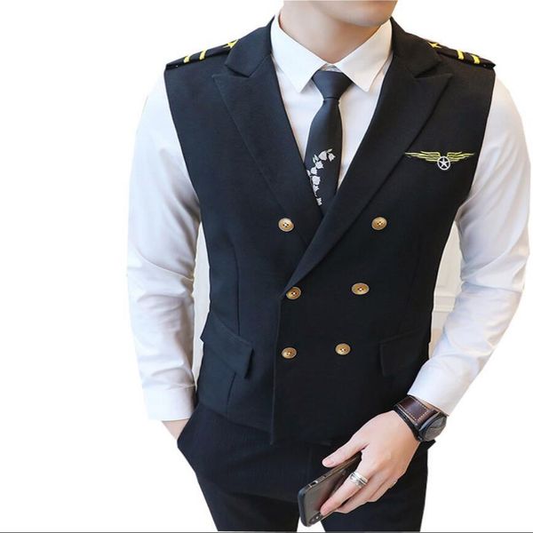 

2020 new m-5xl two breasted waistcoat thin male england youth dj disco hair stylist uniform vest 1cih, White;black