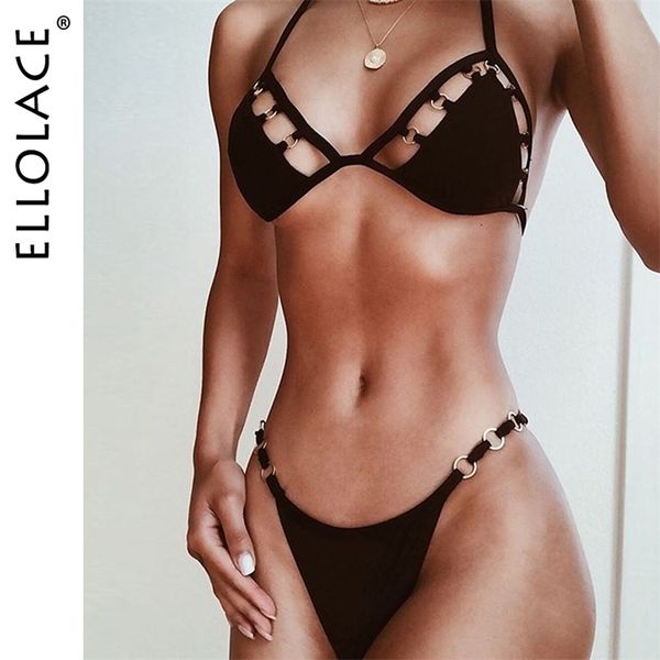 Ellolace Sexy Underwear Mulheres Malha Lingerie 2 Piece Set Hollow Out Bralette e Tanga G-String Spaghetti Straps New Sutiçante Sets Y200708