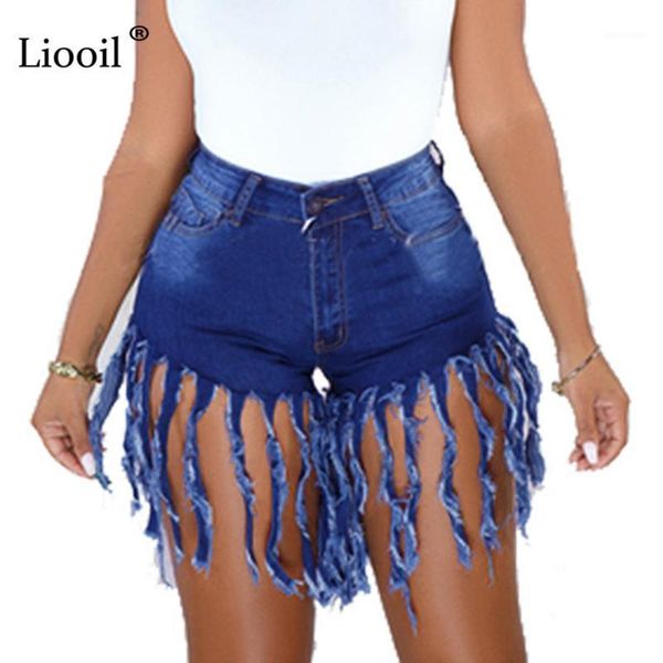 

liooil women blue denim jeans with tassel pocket 2020 streetwear elastic high waist wash distressed rave jean cotton shorts1, White;black