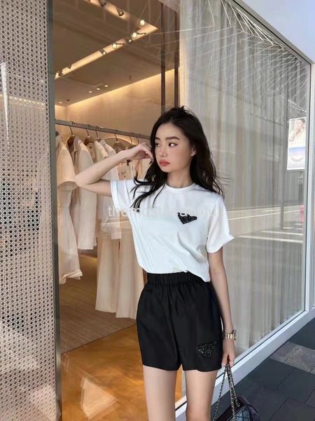 

women's t-shirt european spring and summer triangular bead thread round neck versatile thickened simple short sleeve women, White